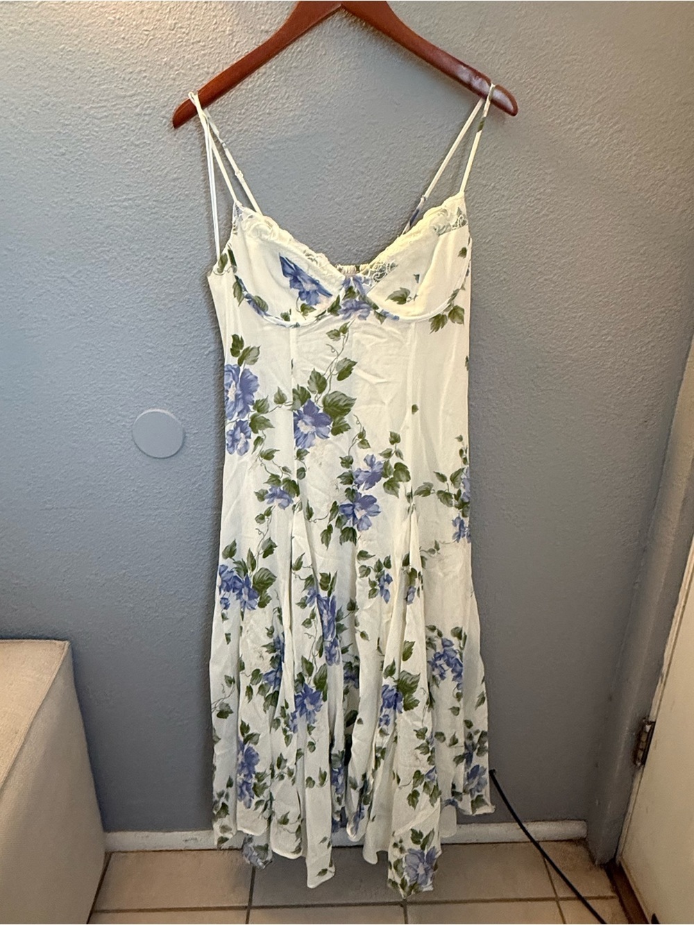 Reformation Cream Slip Dress with Blue Floral Print - Picture 4 of 5